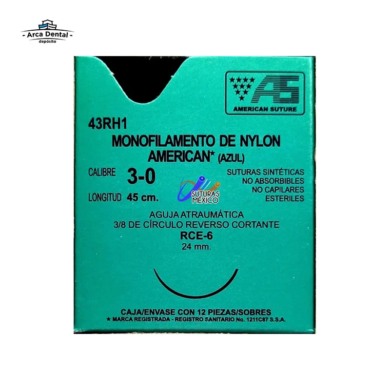 Nylon 3-0 Aguja de 24 mm Cortante Hebra 45 cm Azul Marca American Suture 43RH1 Caja con 12 Piezas Caducidad Mar-29